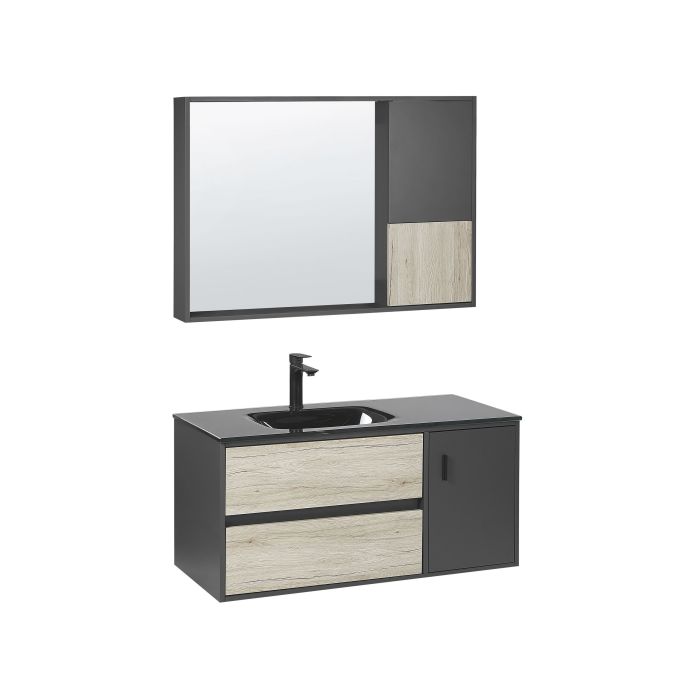 Bathroom Vanity Set with Mirrored Cabinet 100 cm Light Wood and Black TERUEL