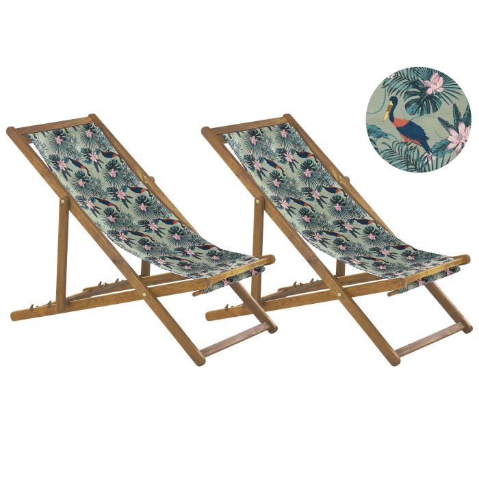 Set of 2 Acacia Folding Deck Chairs and 2 Replacement Fabrics Light Wood with Off-White / Pelican Pattern ANZIO