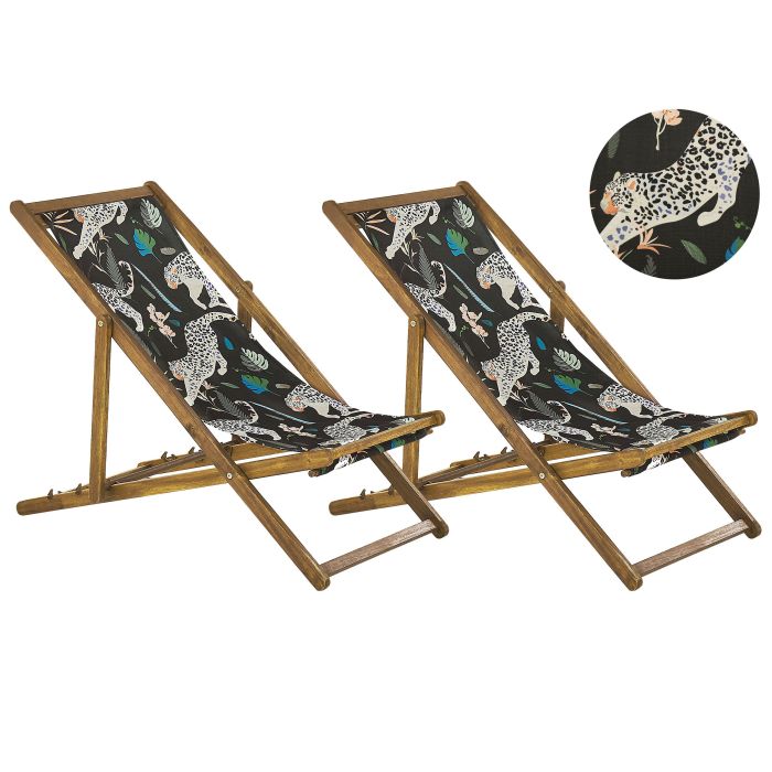 Set of 2 Acacia Folding Deck Chairs and 2 Replacement Fabrics Light Wood with Off-White / Animal Pattern ANZIO