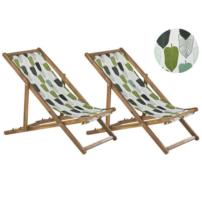 Set of 2 Acacia Folding Deck Chairs and 2 Replacement Fabrics Light Wood with Off-White / Green Leaf Pattern ANZIO