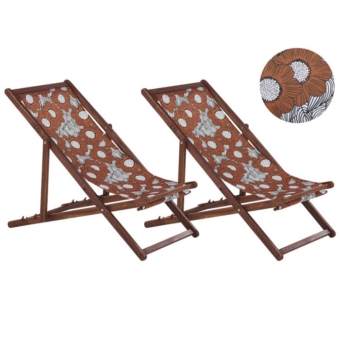 Set of 2 Acacia Folding Deck Chairs and 2 Replacement Fabrics Dark Wood with Off-White / Poppies Pattern ANZIO