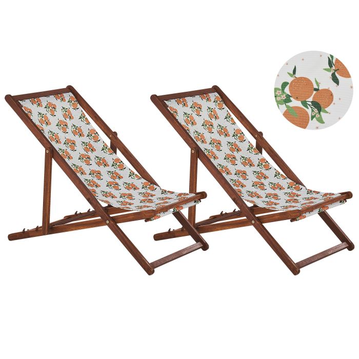 Set of 2 Acacia Folding Deck Chairs and 2 Replacement Fabrics Dark Wood with Off-White / Oranges Pattern ANZIO