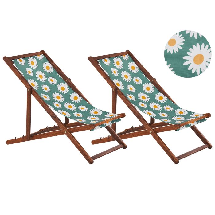 Set of 2 Acacia Folding Deck Chairs and 2 Replacement Fabrics Dark Wood with Off-White / Chamomile Pattern ANZIO