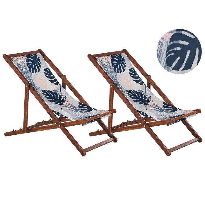 Set of 2 Acacia Folding Deck Chairs and 2 Replacement Fabrics Dark Wood with Off-White / Blue Palm Leaves Pattern ANZIO