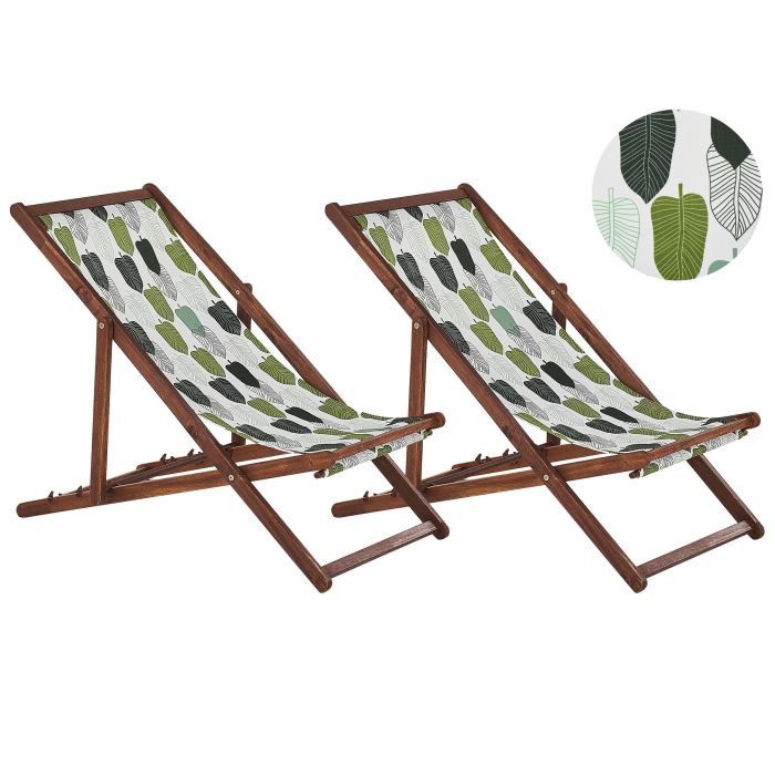 Set of 2 Acacia Folding Deck Chairs and 2 Replacement Fabrics Dark Wood with Off-White / Green Leaf Pattern ANZIO