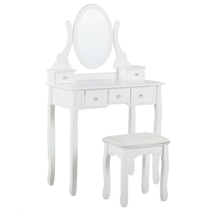 5 Drawer Dressing Table with Oval Mirror and Stool White