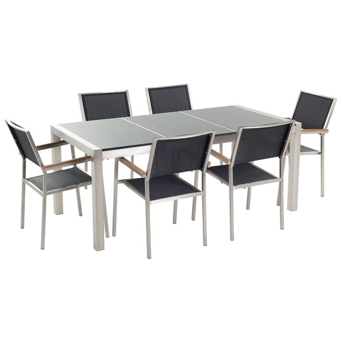 6 Seater Garden Dining Set Grey Granite Triple Plate Top with Black Chairs GROSSETO
