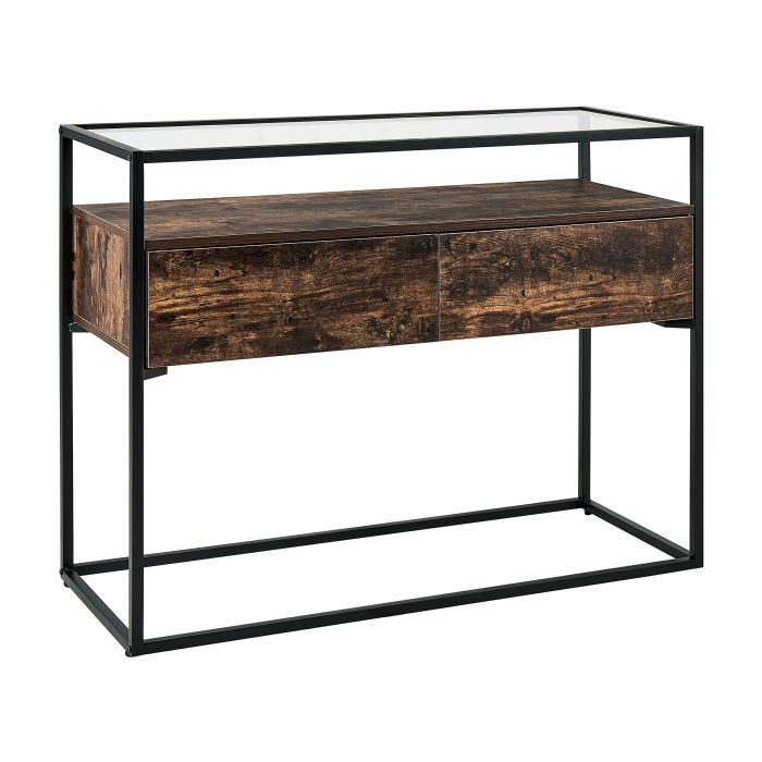 2 Drawer Glass Top Console Table Dark Wood and Black MAUK