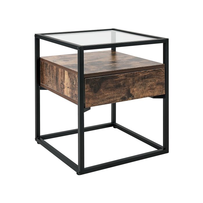 1 Drawer Glass Top Side Table Dark Wood with Black MAUK