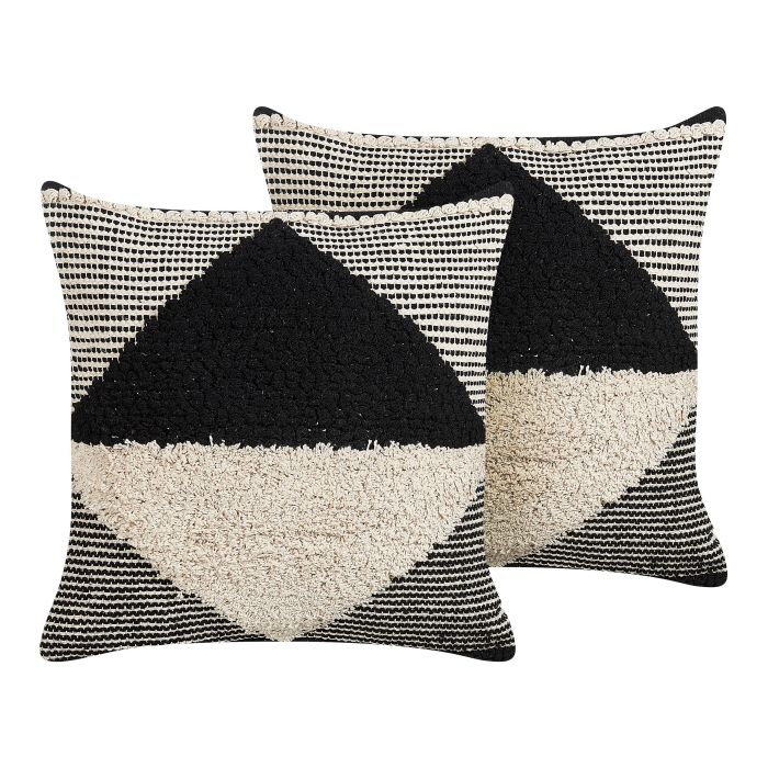 Set of 2 Tufted Cotton Cushions Geometric Pattern 50x50cm Beige and Black