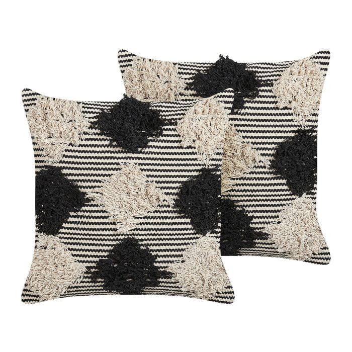 Set of 2 Tufted Cotton Cushions Geometric Pattern 50x50cm Beige and Black