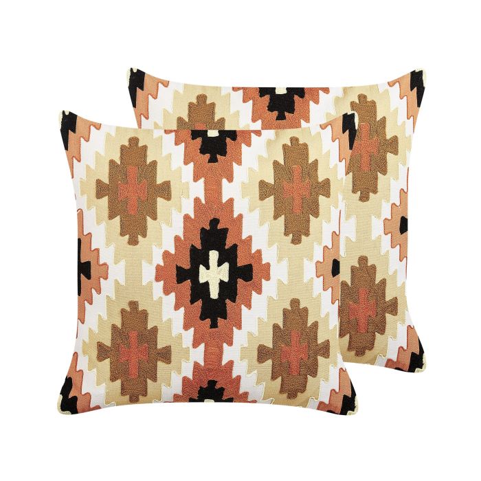 Set of 2 Embroidered Cotton Cushions Geometric Pattern 50x50cm Multicolour