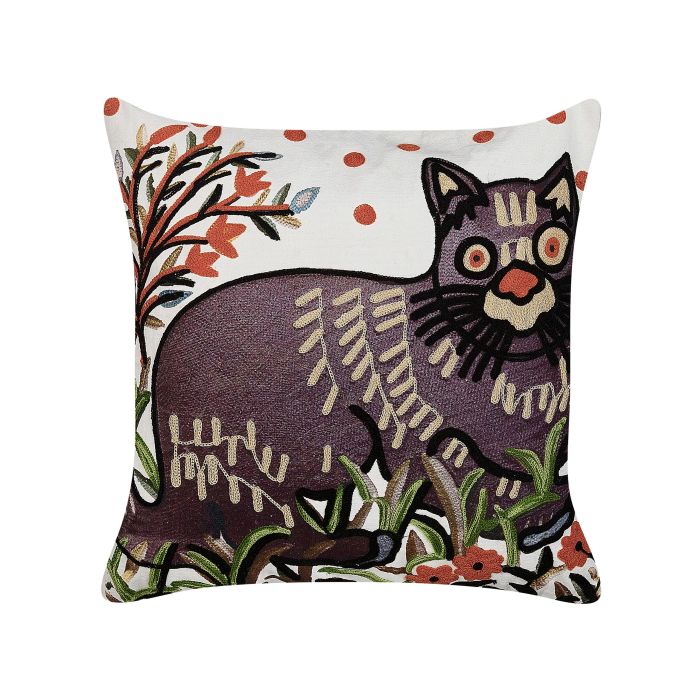 Embroidered Cotton Cushion Cat Motif 50x50cm Multicolour