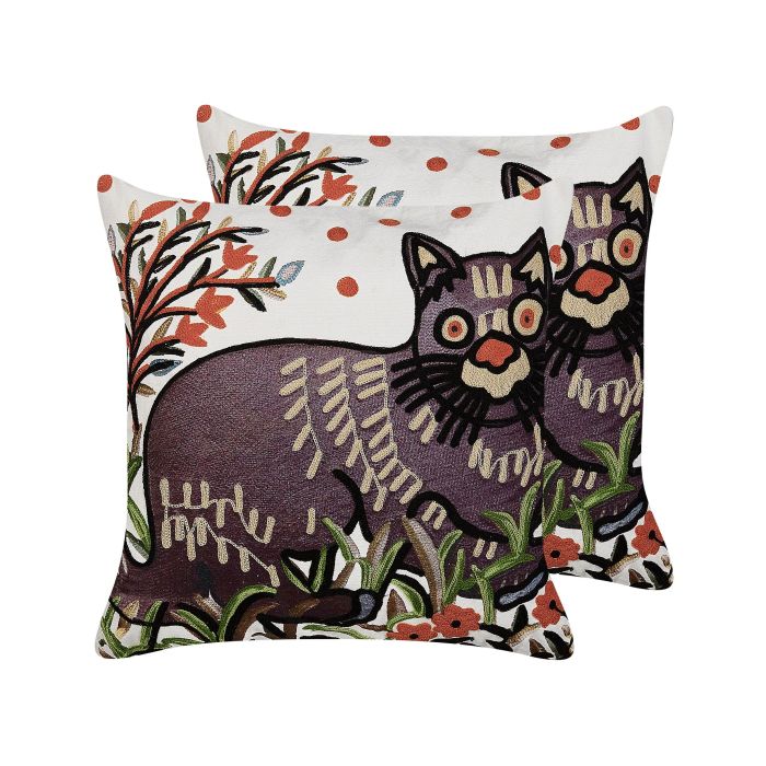Set of 2 Embroidered Cotton Cushions Cat Motif 50x50cm Multicolour