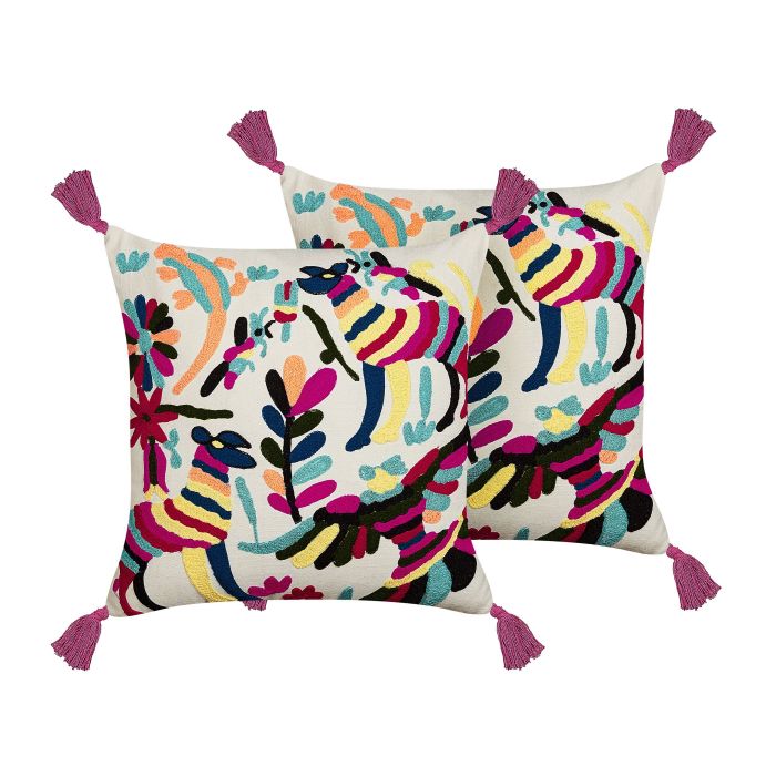 Set of 2 Embroidered Cotton Cushions Animal Motif 50x50cm Multicolour