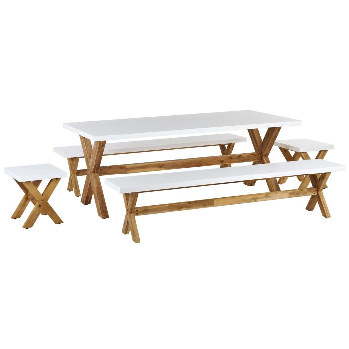 8 Seater Concrete Garden Dining Set Benches and Stools White OLBIA