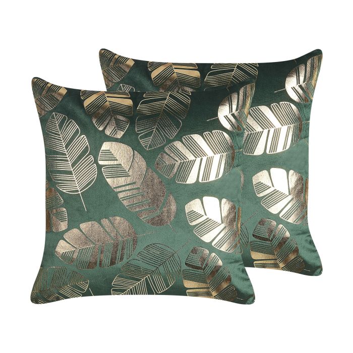 Set of 2 Velvet Cushions Leaf Print 45x45cm Green