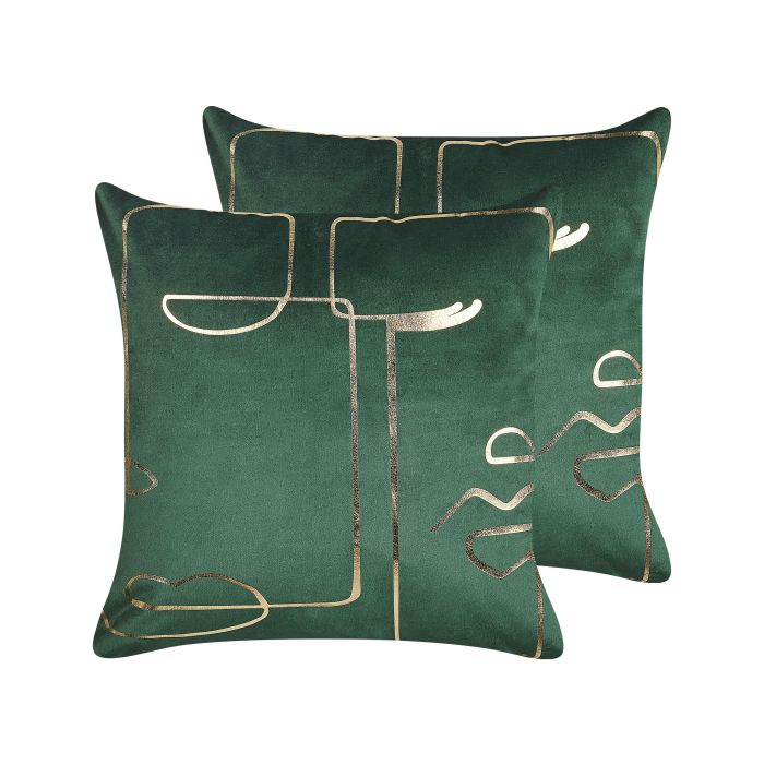 Set of 2 Velvet Cushions Face Motif 45x45cm Green