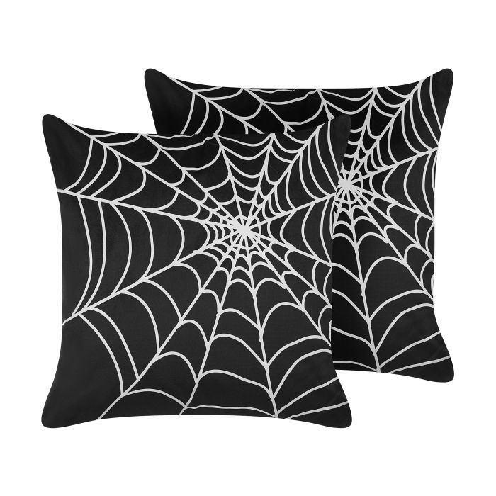 Set of 2 Velvet Cushions Spider Web Pattern 45x45cm Black and White