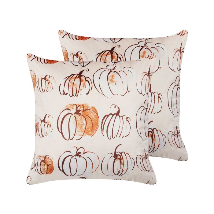 Set of 2 Velvet Cushion Pumpkin Pattern 45x45cm Beige