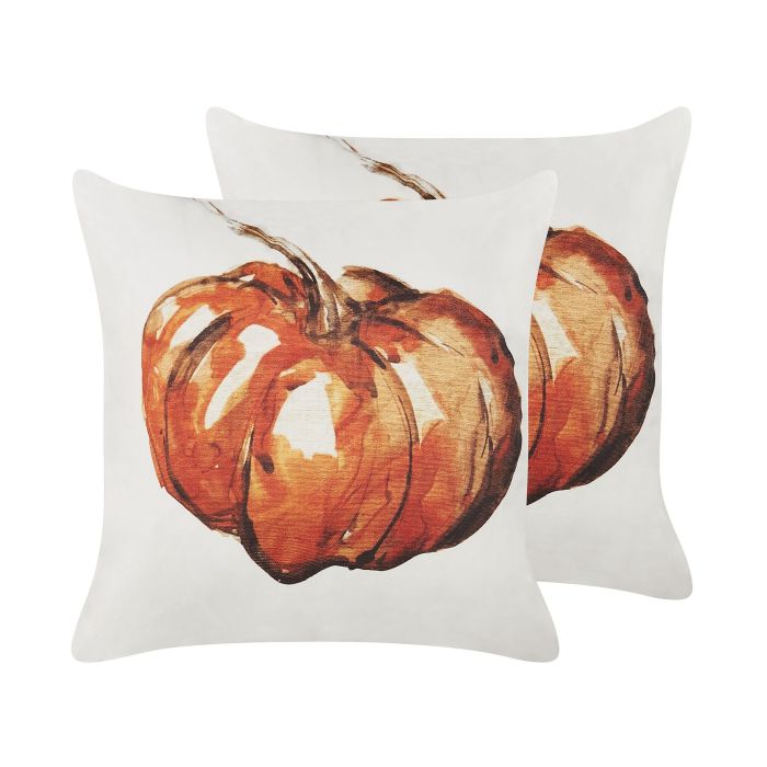 Set of 2 Velvet Cushions Pumpkin Motif 45x45cm Beige and Orange