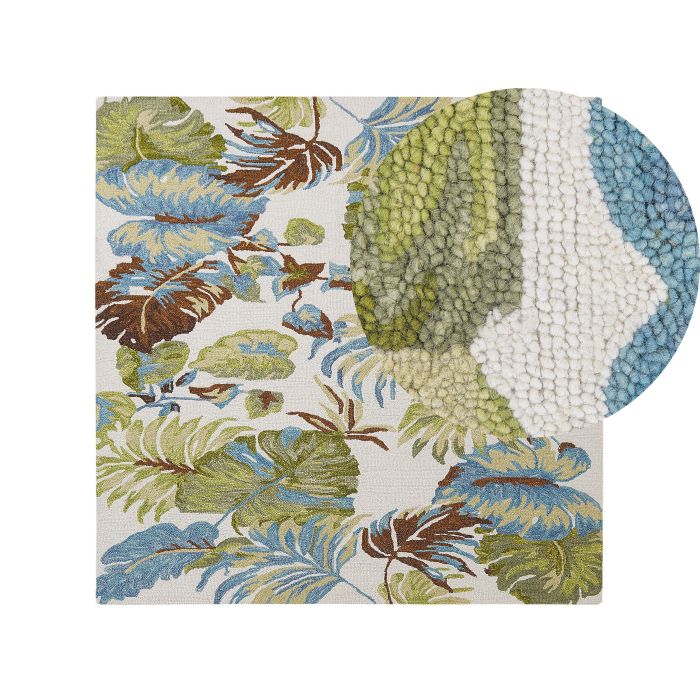 Wool Area Rug Leaves Motif 200x200cm Multicolour