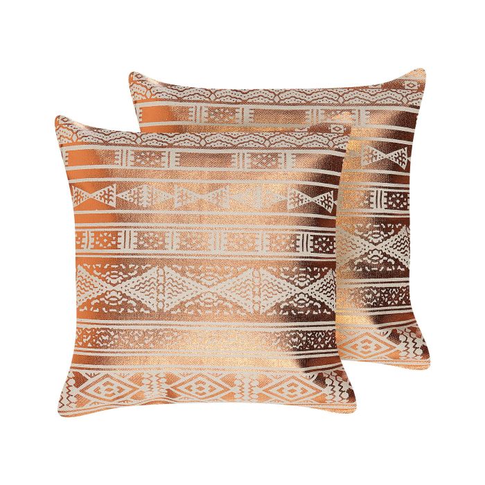 Set of 2 Cotton Cushions Geometric Pattern 50x50cm Copper