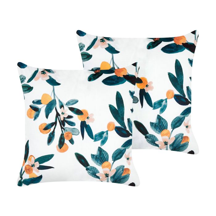 Set of 2 Velvet Cushions Leaf Pattern 45x45cm White and Green