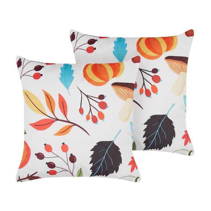 Set of 2 Velvet Cushions Autumn Motif 45x45cm Off - White