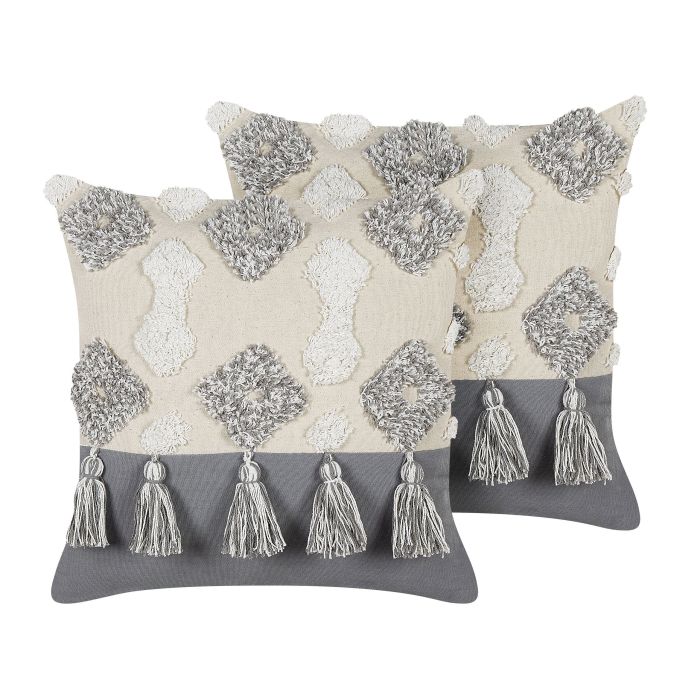 Set of 2 Tufted Cotton Cushions with Tassels 45x45cm Beige and Grey