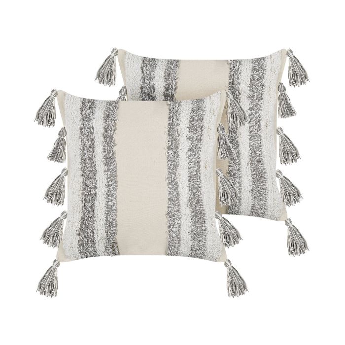 Set of 2 Tufted Cotton Cushions with Tassels 45x45cm Beige and Grey