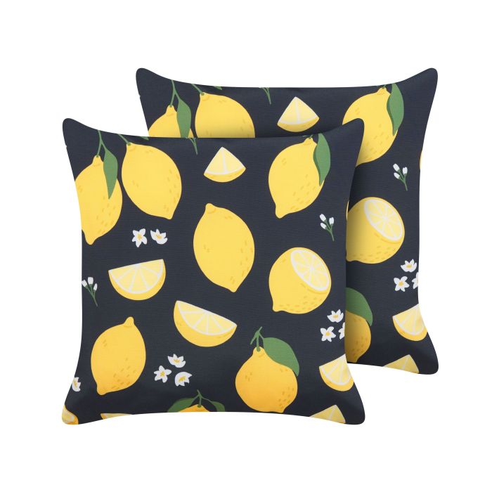 Set of 2 Cushions Lemon Motif 45x45cm Black and Yellow