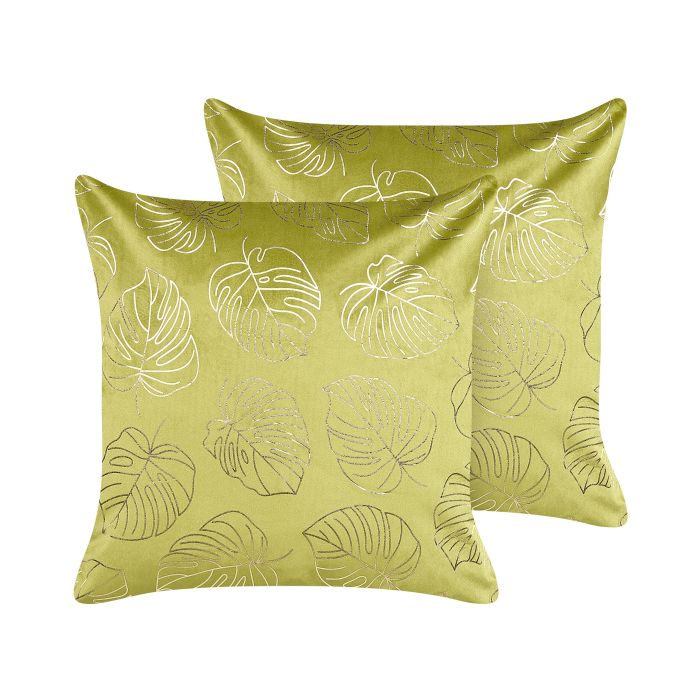 Set of 2 Velvet Cushions Leaf Pattern 45x45cm Light Green