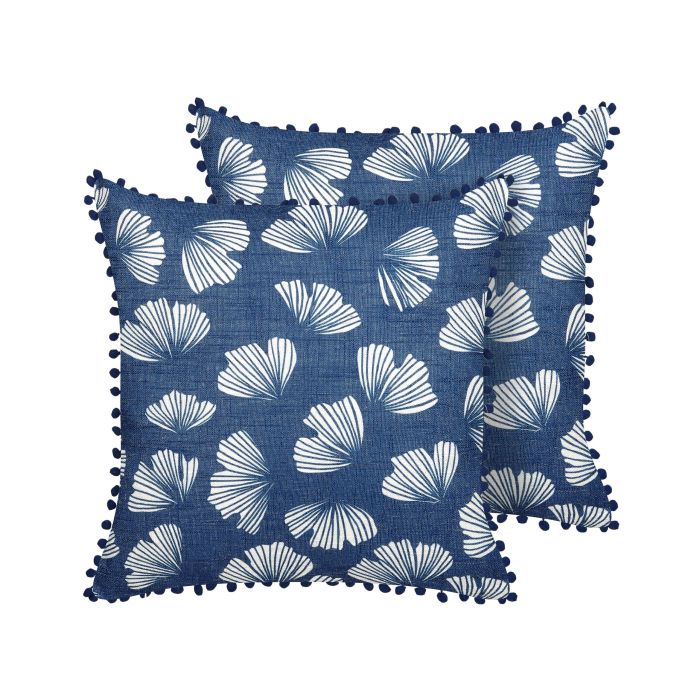 Set of 2 Cushions Leaf Pattern 45x45cm Blue and White