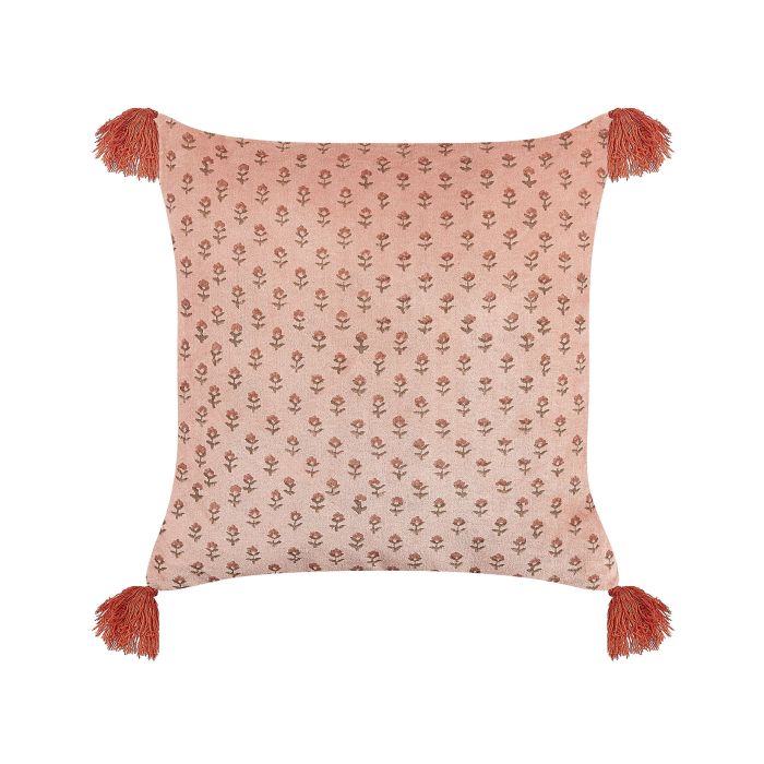 Velvet Cushion Floral Motif with Tassels 45x45cm Pink