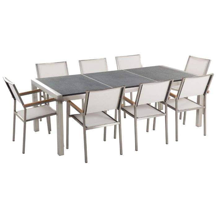 8 Seater Garden Dining Set Black Granite Triple Plate Top with White Chairs GROSSETO