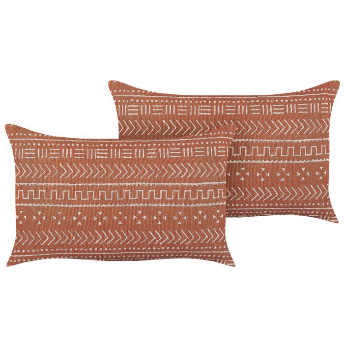 Set of 2 Cotton Cushions Geometric Pattern 35x55cm Orange