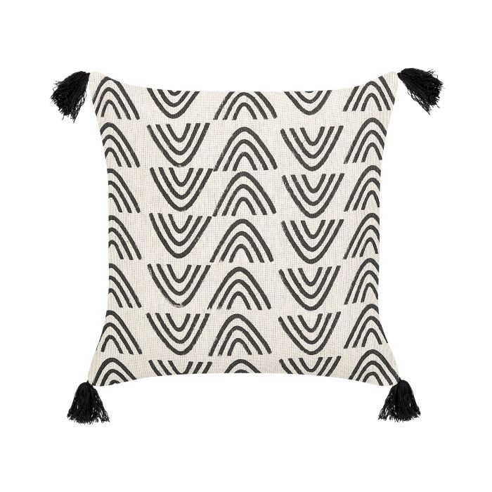Cotton Cushion Geometric Pattern with Tassels 45x45cm White and Black