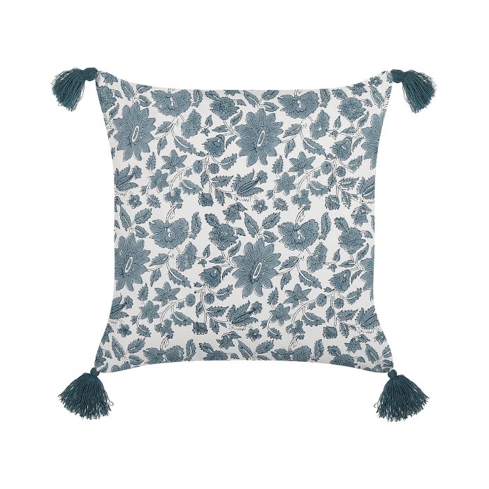 Cotton Cushion Floral Pattern with Tassels 45x45cm White and Blue