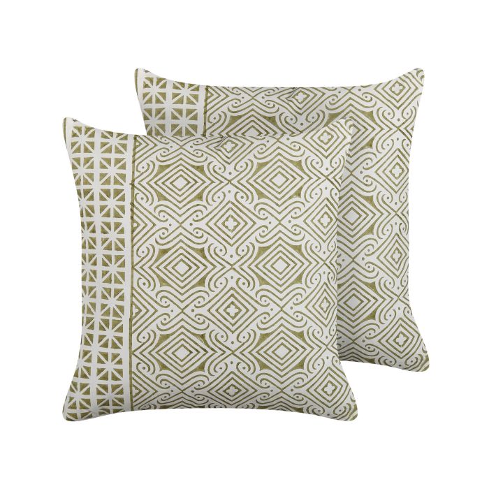 Set of 2 Cotton Cushions Oriental Pattern 45x45cm Green and White