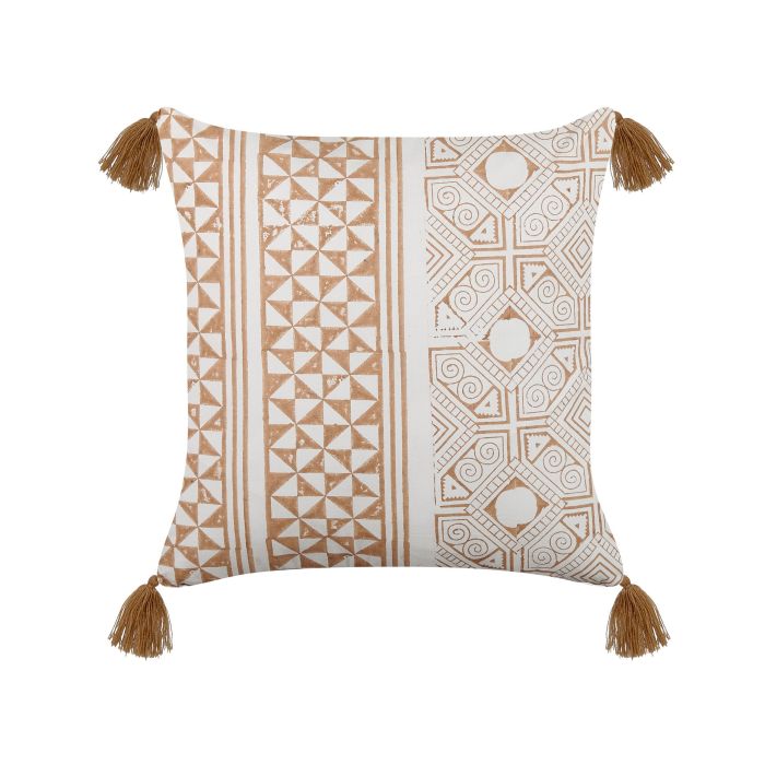 Cotton Cushion Geometric Pattern with Tassels 45x45cm Light Brown and White