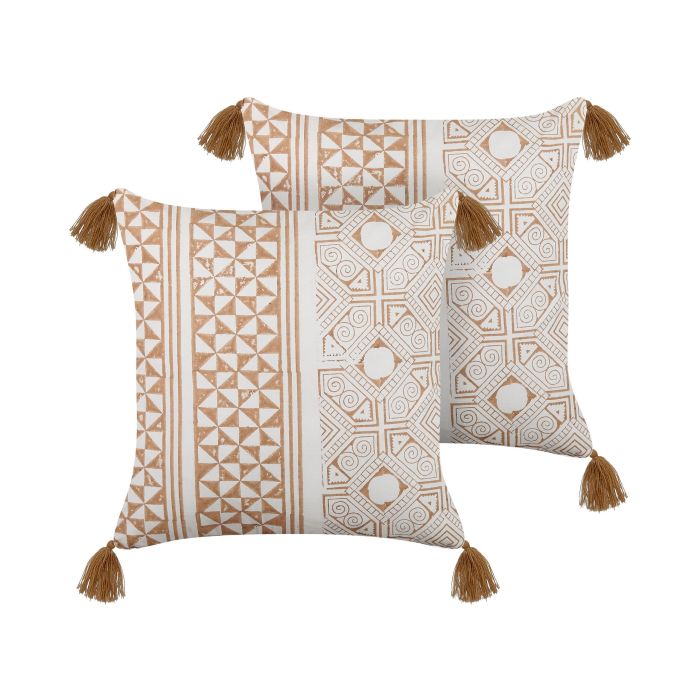 Set of 2 Cotton Cushions Geometric Pattern with Tassels 45x45cm Light Brown and White