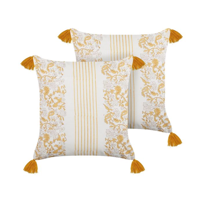 Set of 2 Cotton Cushions Flower Pattern 45x45cm Yellow and White