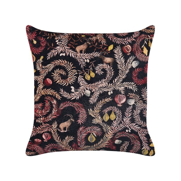 Velvet Cushion with Botanical Pattern 45x45cm Black and Pink