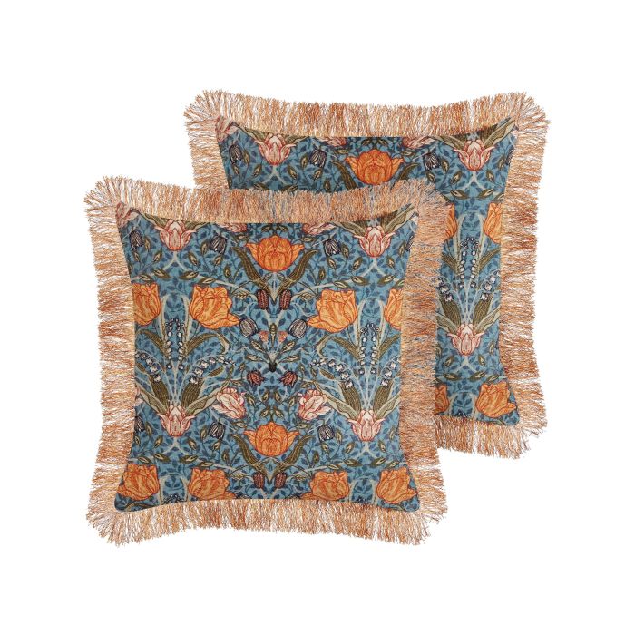 Set of 2 Velvet Fringed Cushions with Flower Pattern 45x45cm Blue and Orange