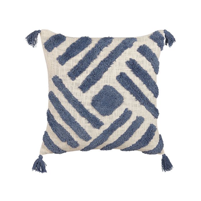 Tufted Cotton Cushion with Tassels 45x45cm Beige and Blue
