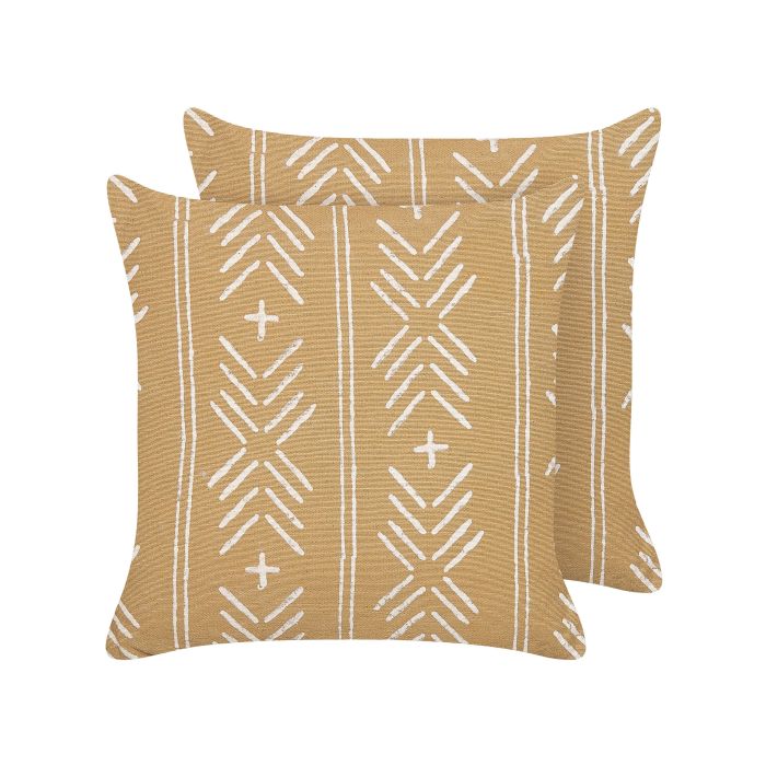 Set of 2 Cotton Cushions Geometric Pattern 45x45cm Beige and White