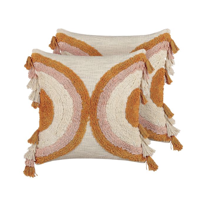 Set of 2 Tufted Cotton Cushions with Tassels 45x45cm Multicolour