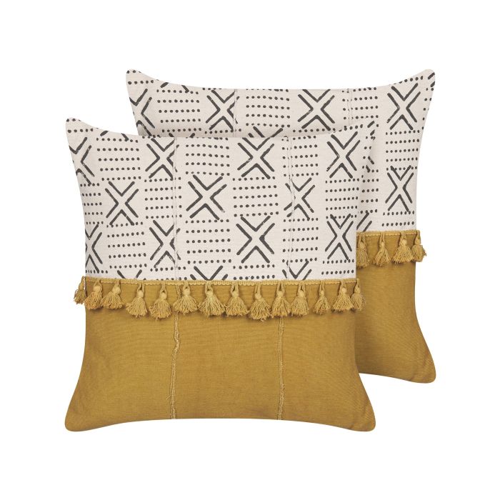 Set of 2 Cotton Cushions Geometric Pattern 45x45cm White and Yellow