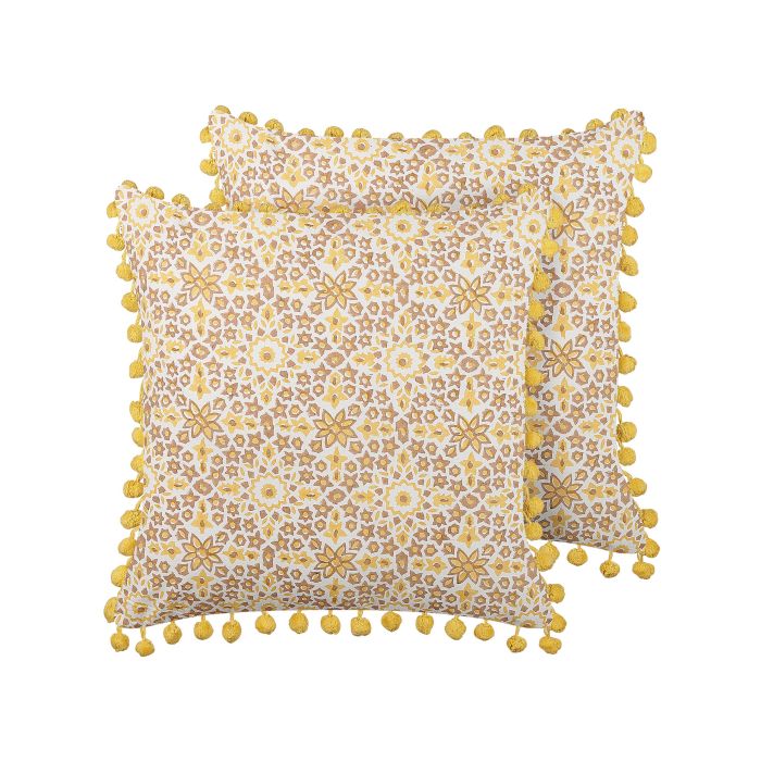 Set of 2 Cotton Cushions Floral Pattern 45x45cm Yellow